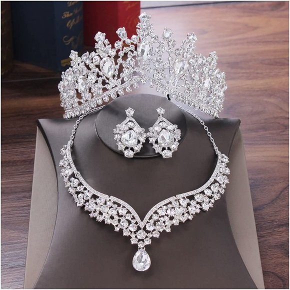 Rhinestone Crown Necklace Earrings Headdress, Bridal Wedding Jewelry Set - Picture 4 of 5